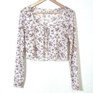 Y2K Rose Floral Mesh Cropped Top Tie Front Sheer Lettuce Hem Cardigan Coquette